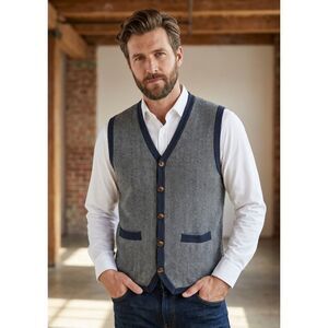 Cremieux Classics Mens Large Herringbone Knit Sweater Vest Button Front N Blue